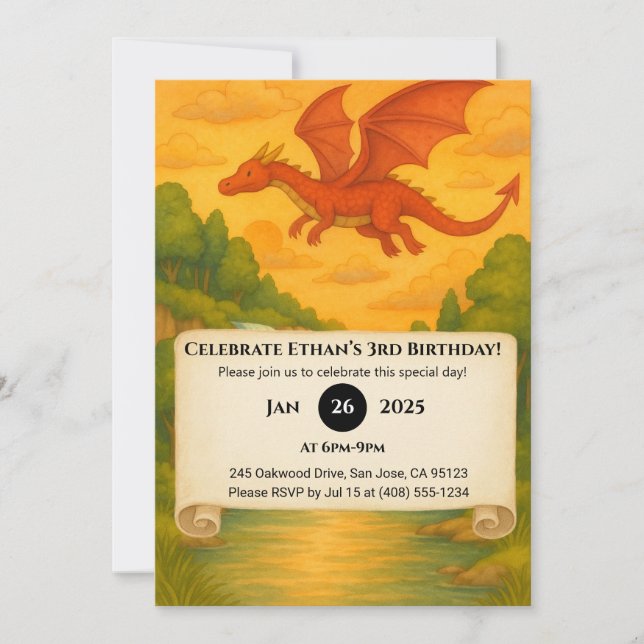 Convites Flying Red Dragon Over Enchanted Forest Birthday (Frente)