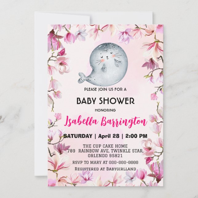 Convites Foca-branca-rosa, chá de fraldas floral de flores  (Frente)