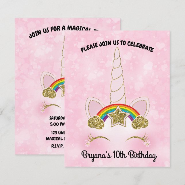 Convites Foco de Unicórnio Arco-íris Dourado Corações Rosa (Frente/Verso)