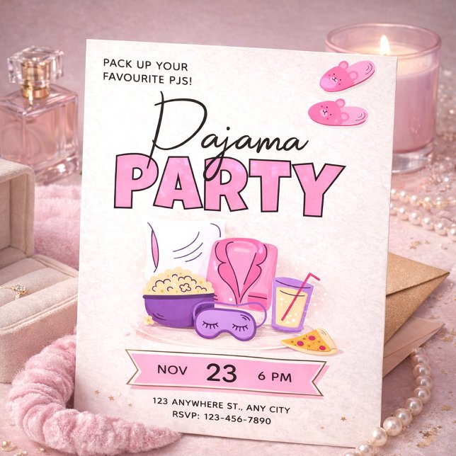 Convites Fofa Festa de Pyjamas Rosa para Meninas (Cute Pink Sleepover for Girls Pajama Party Invitation, Slumber Party Invite)