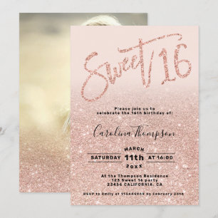 Convites Fofa foto de Sweet 16 em rosa dourado brilhante co