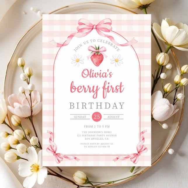 Convites Fofa Menina Berry Primeiro Aniversário (Cute Berry First Girl 1st Birthday Invitation)