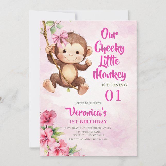 Convites Fofa Nossa Pequena Macaca Safári Aniversário de 1  (Frente)
