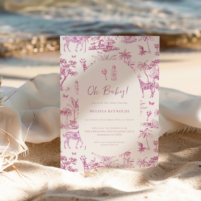 Convites Fofa Safari Toile de Jouy | Chá de Bebê Rosa (Criador carregado)