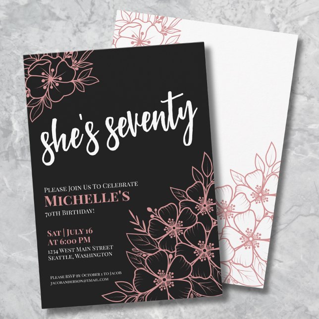 Convites Fofa Setenta Rosa Preto Dourado Festa de Aniversár (Cute Seventy Black Rose Gold 70th Birthday Party Invitation)