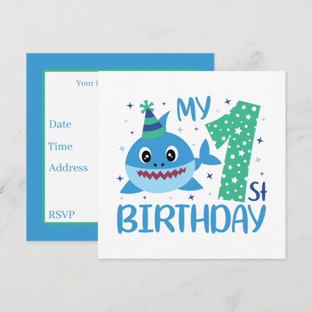 Convites fofo unisex baby shark Primeiro Aniversário (Frente/Verso)