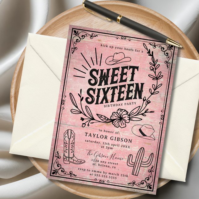 Convites Fofoca-rosa-russa Ocidental Doce-Floral 16 Anivers (Rustic pink cowgirl sweet sixteen invitation with western floral design and cowboy hat accents.)