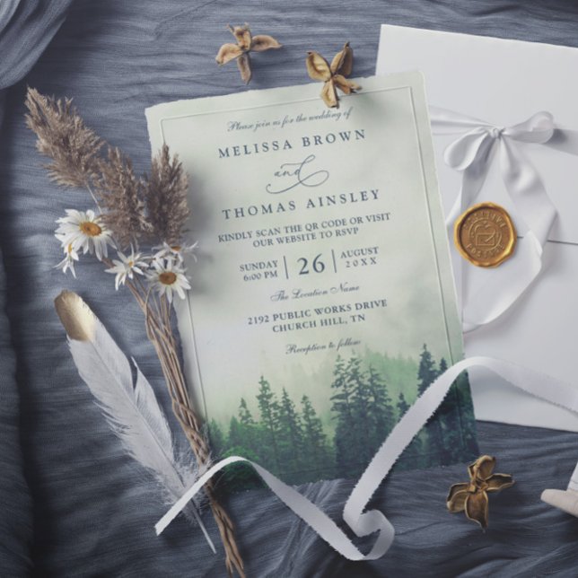 Convites Foggy Green Mountain Pines Rustic QR Code Wedding (Criador carregado)