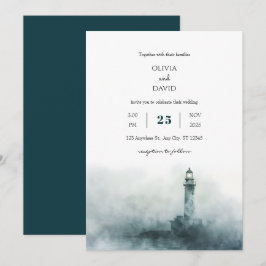 Convites Foggy Lighthouse Morning Watercolor Casamento de P