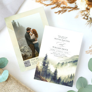Convites Foggy Mountain Pines Rustic Código QR Casamento