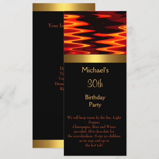 Convites Fogo Dourado Preto Festa de Aniversário de 30 Anos (Frente/Verso)