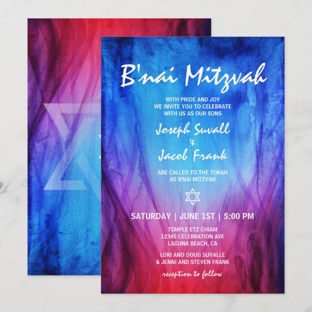 Convites Fogo Gelo Vermelho Azul |  Bar Mitzvah Estrela de  (Frente/Verso)