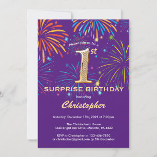 Convites Fogo roxo e Dourado do primeiro aniversario Surpre