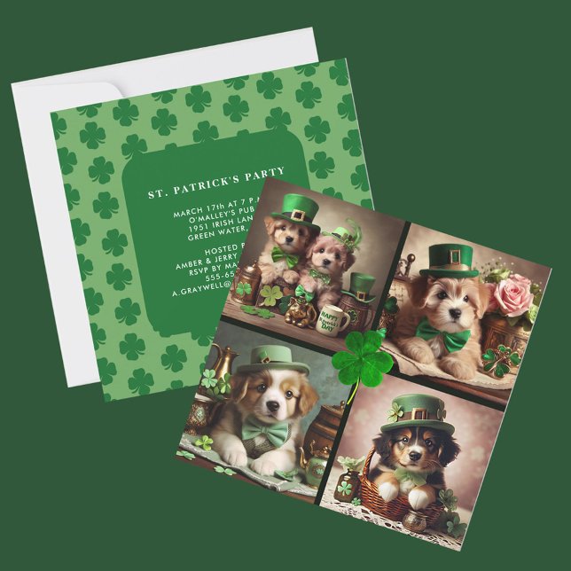 Convites Fogões irlandeses e bonitos de Dia de São Patrício (St Patrick's Day Cute Irish Puppies in Green Party Invitation)