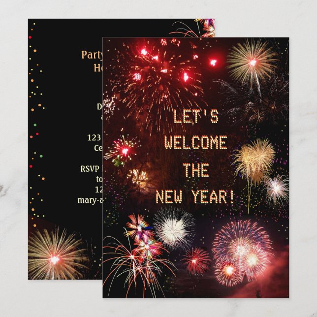 Convites Fogos de artifício: Vamos bem-vindo ao Ano Novo! (Frente/Verso)