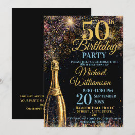 Convites Fogueira de Aniversário de 50 Anos Dourado Azul Es