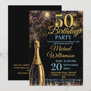 Convites Fogueira de Aniversário de 50 Anos Dourado Azul Es