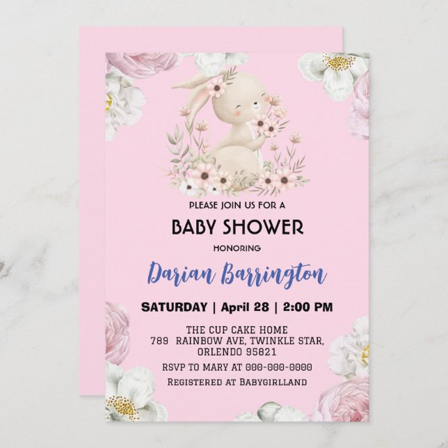 Convites Fogueira de coelho rosa-branca chá (Frente/Verso)