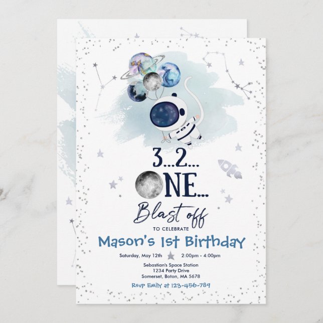 Convites Foguete Astronauta do Planeta de Festa de aniversá (Frente/Verso)