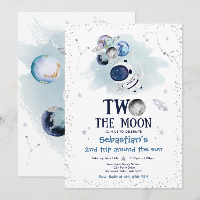 Convites Foguete do Astronauta do segundo aniversário Espac (Frente/Verso)