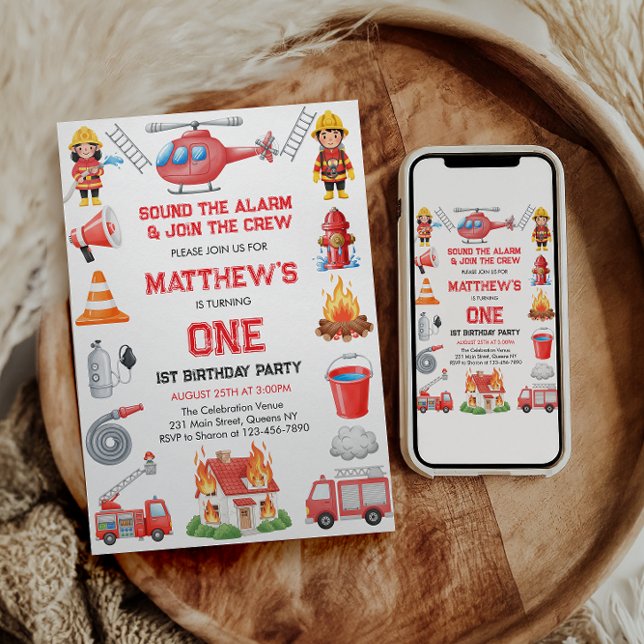 Convites Foguetes Menino 1º Aniversário | Festa Pequenina e (Firetrucks Boy 1st Birthday | Cute Little party Invitation
)