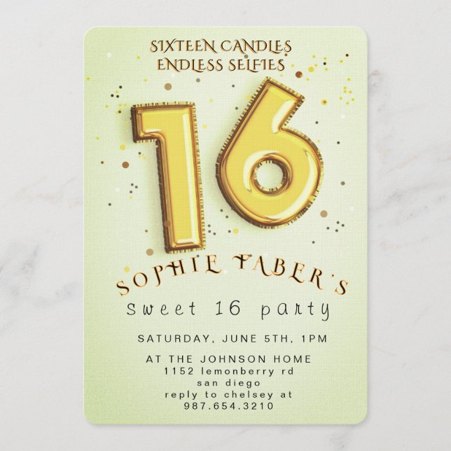 Convites Foil Balloon Sweet Sixteen Birthday Party  (Frente)