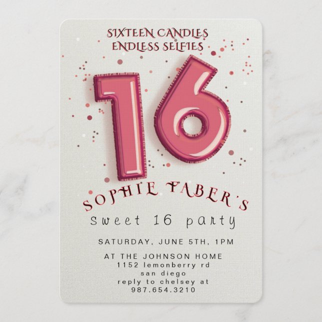 Convites Foil Balloon Sweet Sixteen Birthday Party  (Frente)