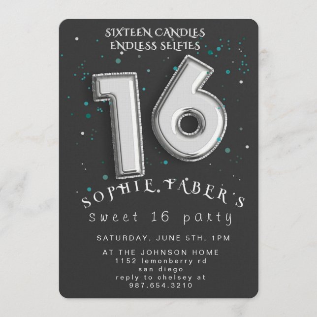 Convites Foil Balloon Sweet Sixteen Birthday Party  (Frente)