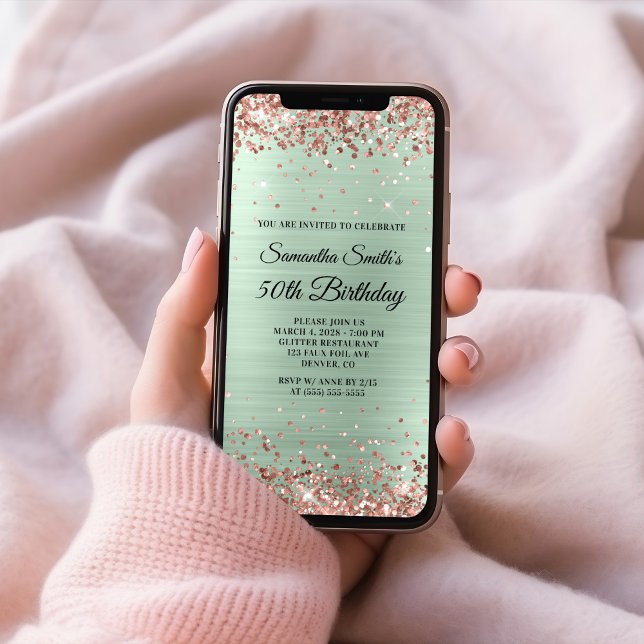Convites Foil de Casa Azul, de Casa Azul, de rosa Dourada,  (Rose Gold Glitter Pale Mint Foil 50th Birthday Invitation)