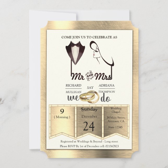 Convites Foil-Dourado-Prata-Latão Casamento Moderno (Frente)