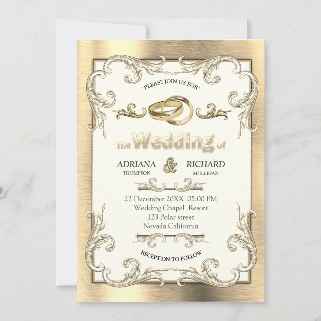 Convites Foil-Dourado-Prata-Latão Casamento Vintage (Frente)