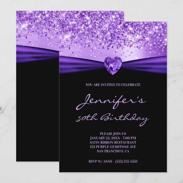 Convites Foil Roxo Gem Heart 50th Birthday (Frente/Verso)