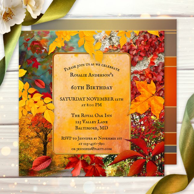 Convites Folga Colorida Saída Aniversário ou Aposentação (Artistic boho chic fall birthday party invitation with colorful autumn leaves - or retirement!)
