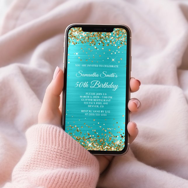 Convites Folha Azul de Turquesa Dourada com brilho 50.o Ani (Gold Glitter Turquoise Blue Foil 50th Birthday Invitation)