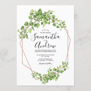 Convites Folha Boho Aquarela Elegante Rosa Dourada Verde