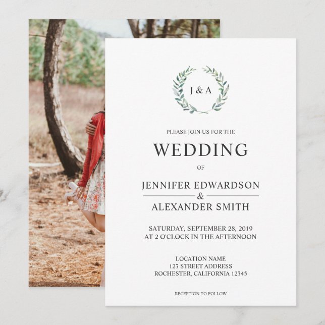 Convites Folha de aquarela botânica, foto de monograma Casa (Frente/Verso)