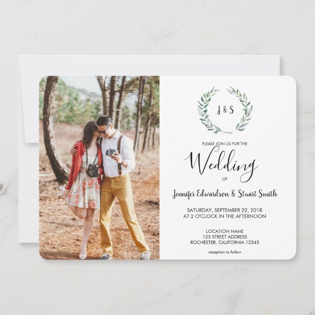 Convites Folha de aquarela botânica, foto de monograma Casa (Frente)