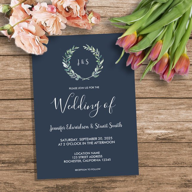 Convites Folha de aquarela russa monograma Casamento (Rustic watercolor olive leaves monogram Wedding Invitation.)