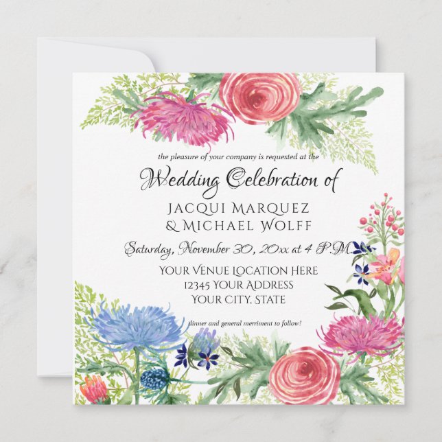 Convites Folha de Fern Floral, Azul Elegante e Rosa, (Frente)