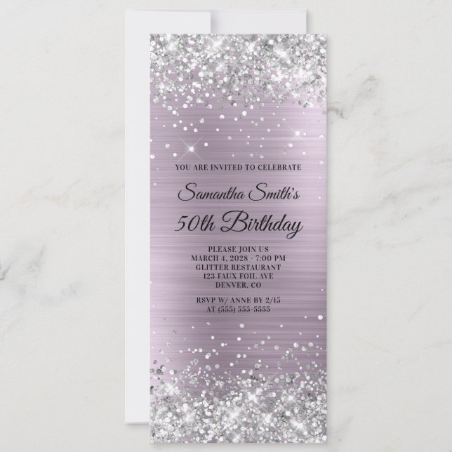 Convites Folha de Lavanda Pálida de Silver Glitter 50º Aniv (Frente)