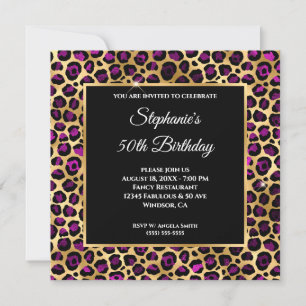 Convites Folha de Leopardo Dourada e Roxa Glam 50º Anivers