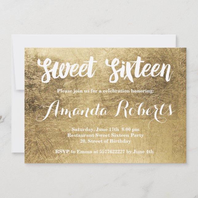 Convites Folha de ouro de luxo Sweet 16 (Frente)