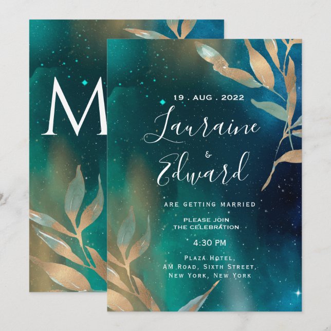 Convites Folha de ouro do céu da galáxia verde-esmeralda (Frente/Verso)