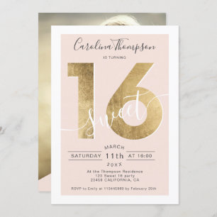 Convites Folha de ouro em chic, blush Fotografia Sweet 16