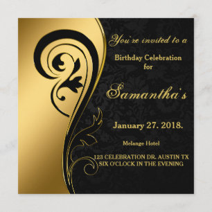 Convites Folha de ouro, espiral, damasco preto, 50º aniver