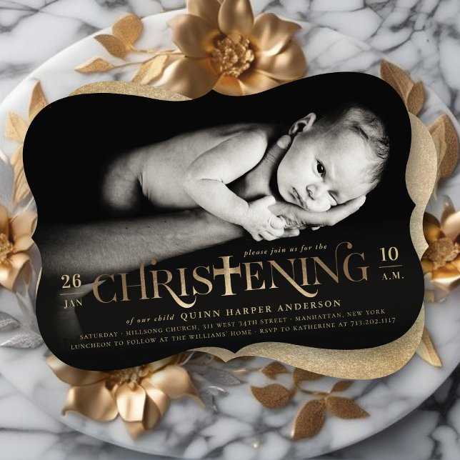 Convites Folha de Ouro Moderno Cruz Ousada Batismo Religios (Faux Gold Foil Modern Classic Bold Cross Stylish Christening Photo Invitation @ fat_fa_tin)