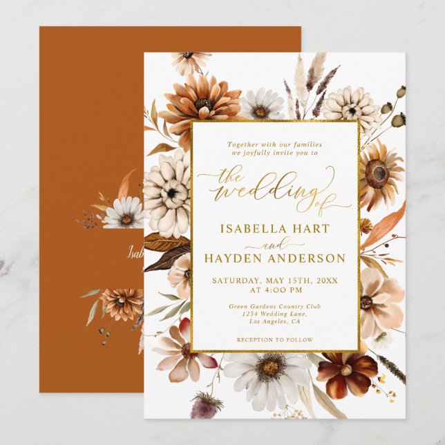 Convites Folha de Ouro Outono Boho Terracota Sazonal Casame (Frente/Verso)