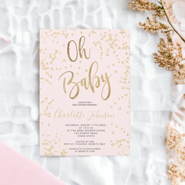 Convites Folha de ouro rosa moderna confete oh chá de frald (Modern pink gold foil confetti oh baby shower invitation)