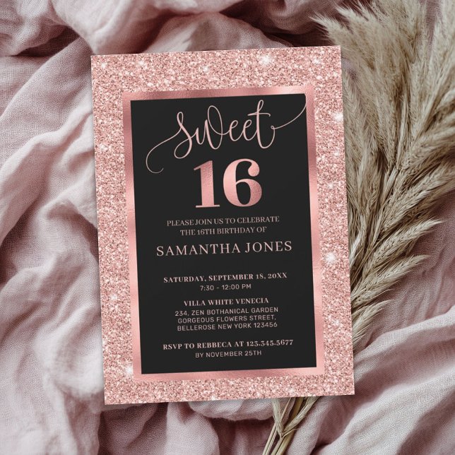 Convites Folha de ouro-rosa moderno, folha negra, 16 (Modern rose gold glitter foil black sweet sixteen)