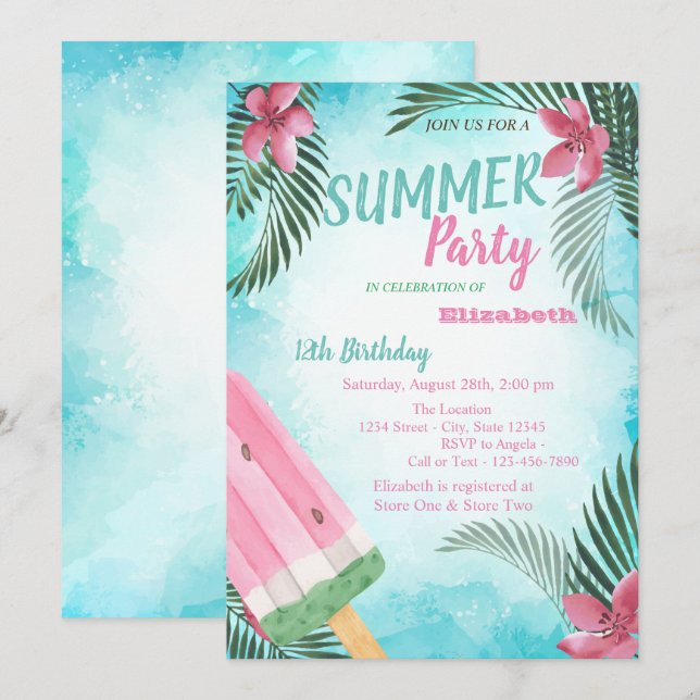 Convites Folha de Palma, Flores,Festa de aniversário de Sor (Frente/Verso)